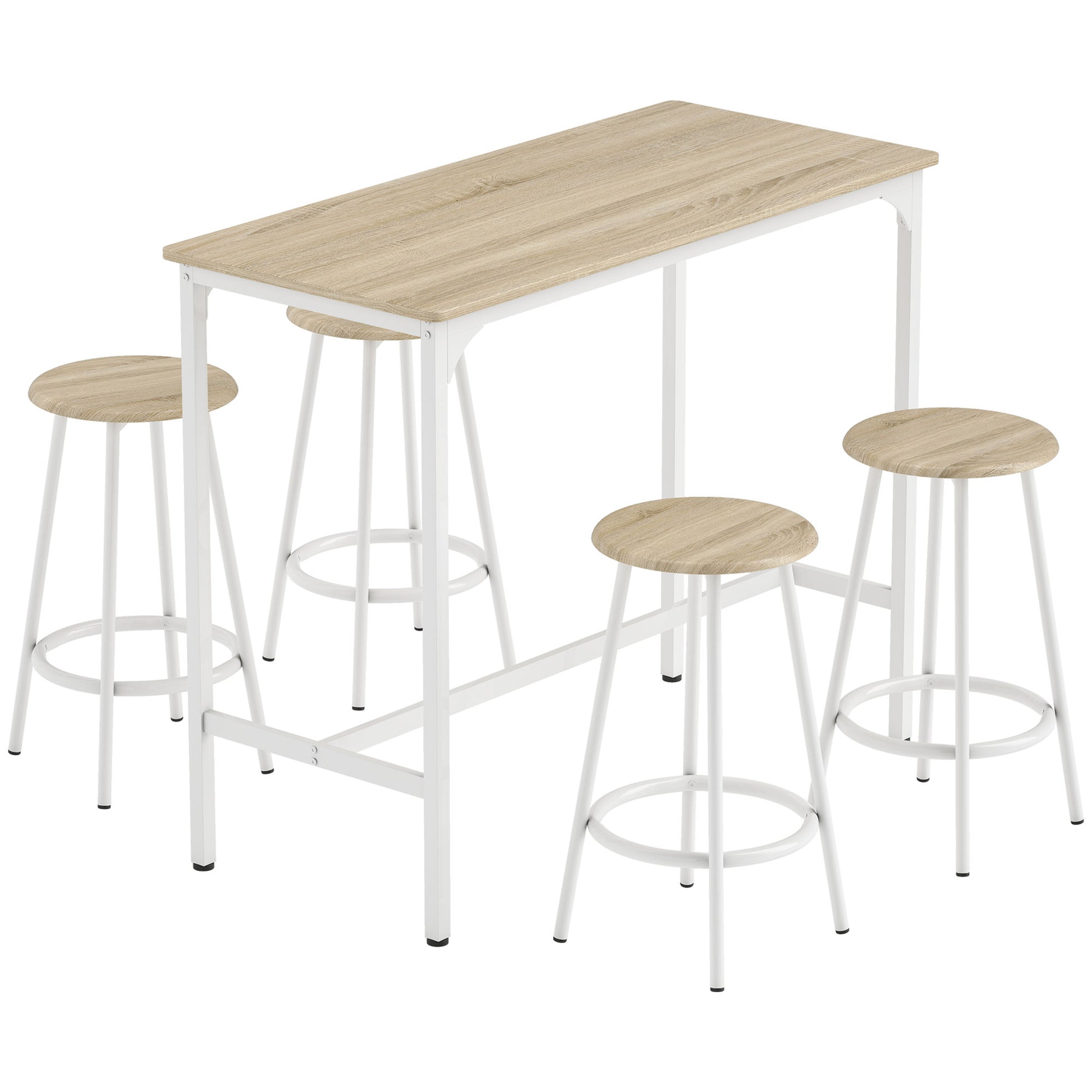 Photo of HOMCOM 5 Piece Bar Table Set for 4 with Stools, Metal Frame, Footrest for Kitchen Natural Wood in Wood colour on a white background