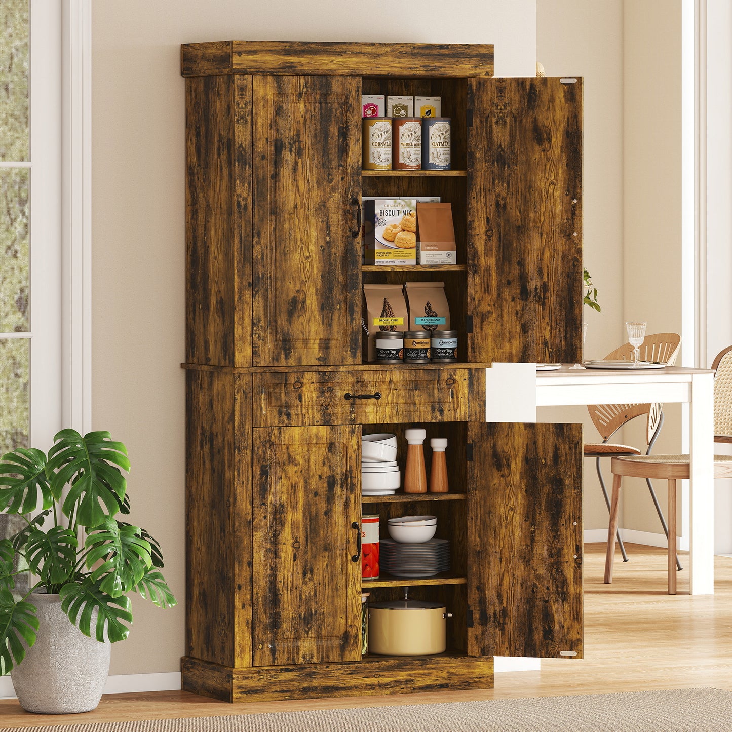 HOMCOM Tall Kitchen Cupboard, Kitchen Pantry Cabinet with Drawer, Shelves, Brown