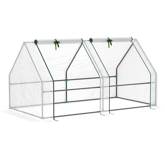 Photo of Outsunny Mini Small Greenhouse with Steel Frame & PE Cover & Zipped Window Poly tunnel Steeple for Plants Vegetables, 180 x 90 x 90 cm, White in White colour on a white background