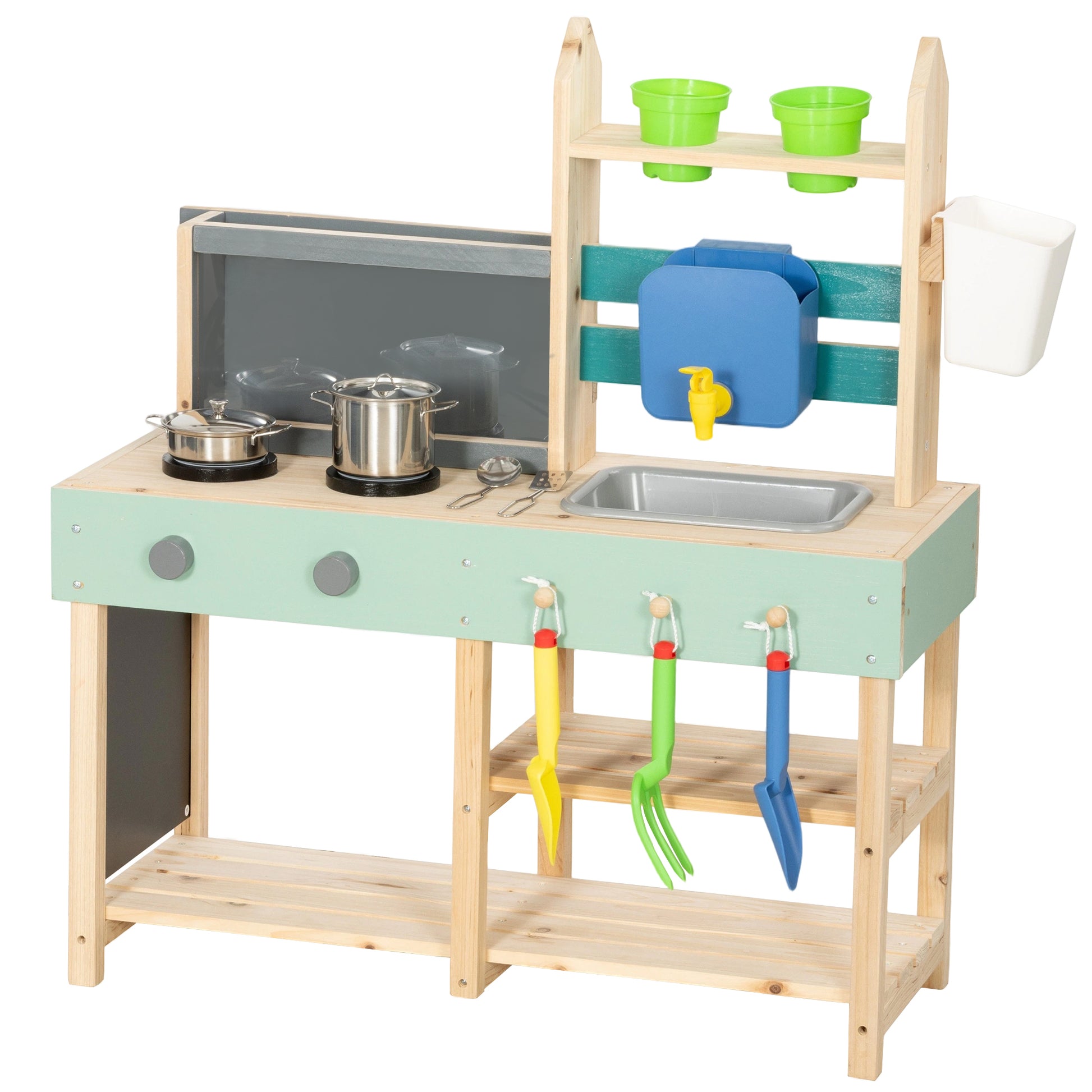 Photo of AIYAPLAY Mud Kitchen with Working Faucet, Kids Play Kitchen with Flower Pots, Kitchen Accessories, Planting Tools, Blue in Blue colour on a white background