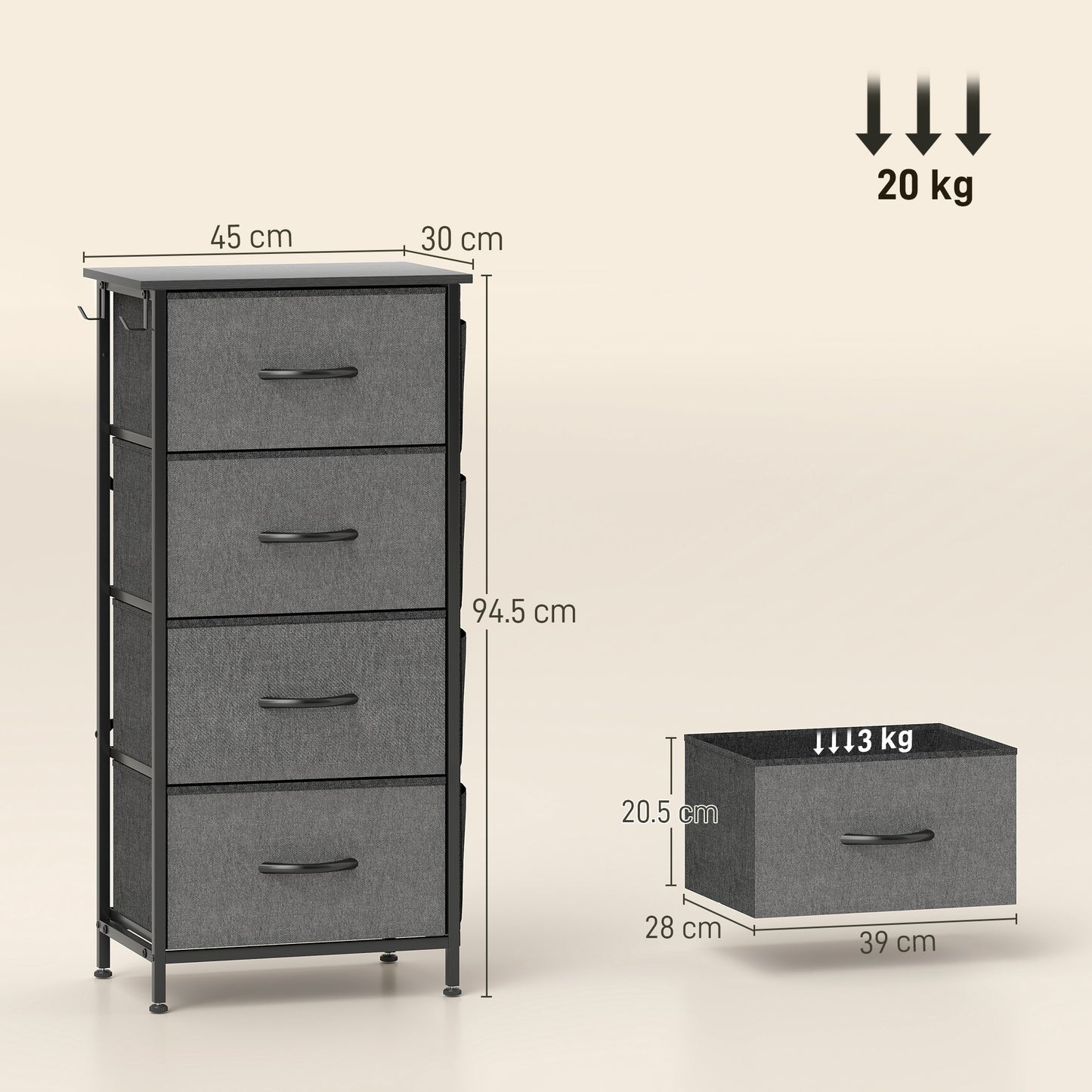 HOMCOM Chest of Four Fabric Drawers - Charcoal Grey