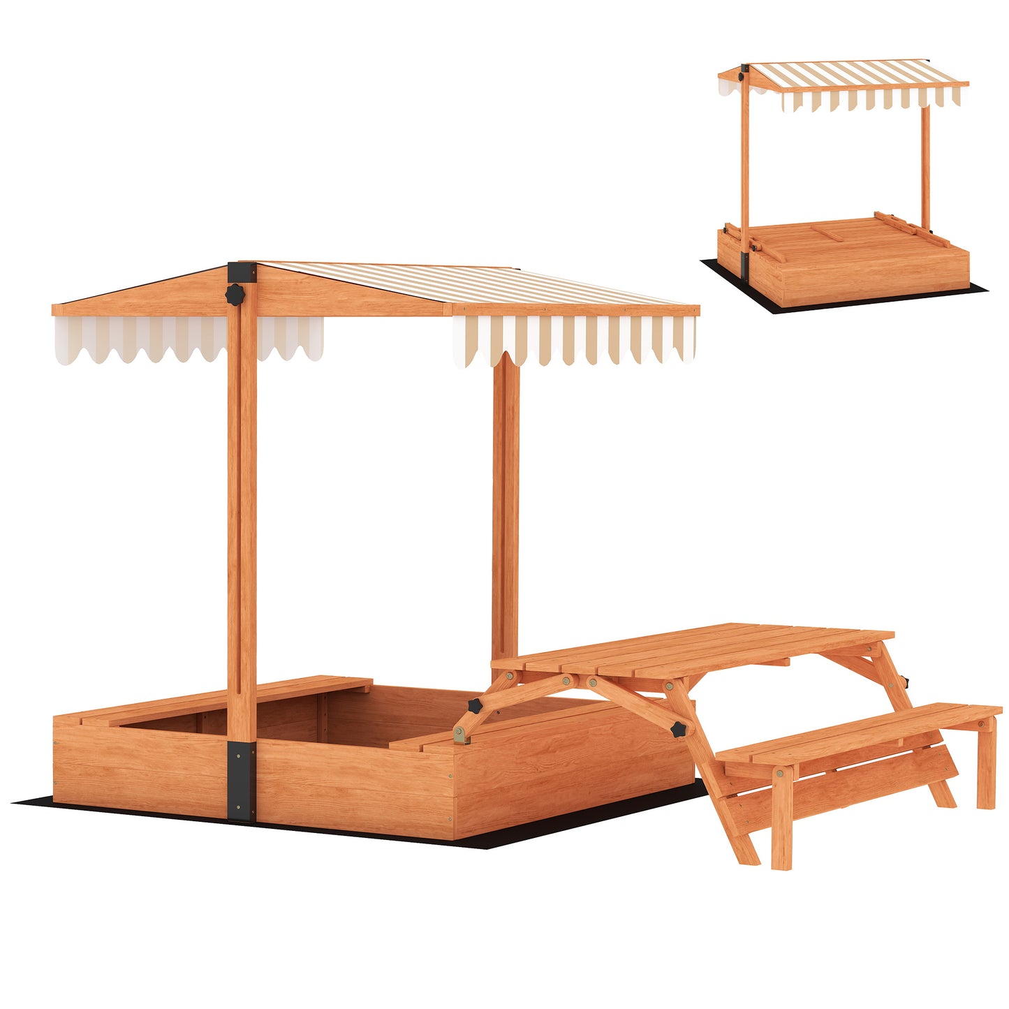 Photo of AIYAPLAY Kids Sand Pit with Lid, Wooden Sandpit with Canopy, Foldable Picnic Table, Bench Seats, Bottom Liner for Patio Garden in Garden colour on a white background