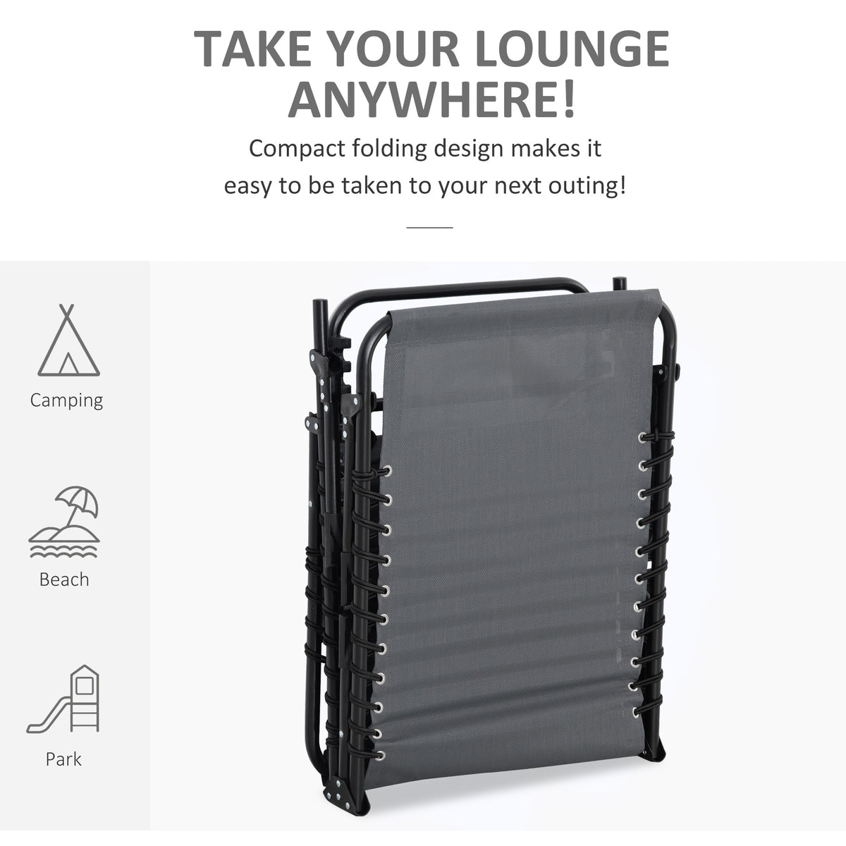 Grey sun lounger folded into a compact portable frame
