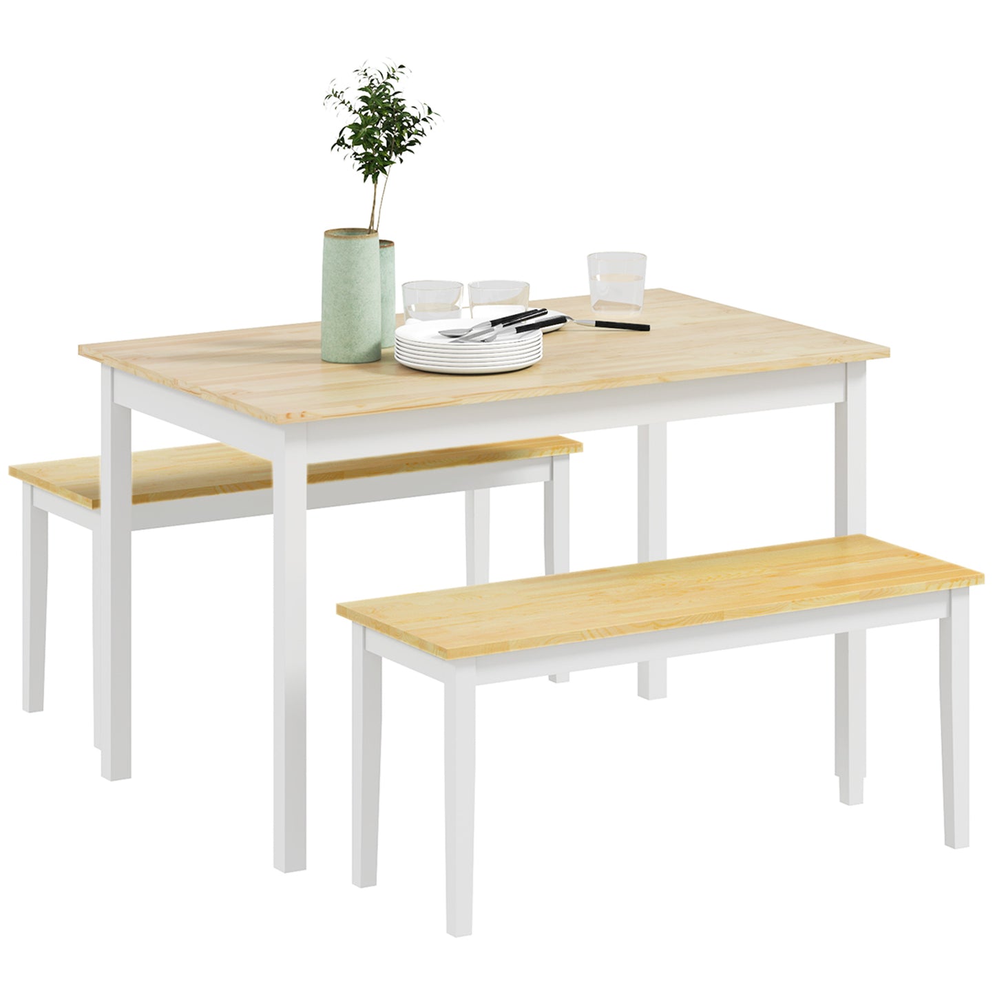 Photo of HOMCOM Dining Table and Bench Set, Farmhouse Kitchen Table and Bench with Wooden Frame for Living Room, Dining Room, Natural and White in White colour on a white background