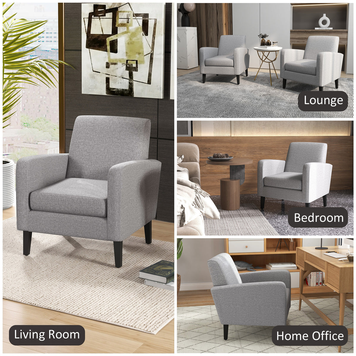 Light grey armchair shown in living room, lounge, bedroom, and home office settings