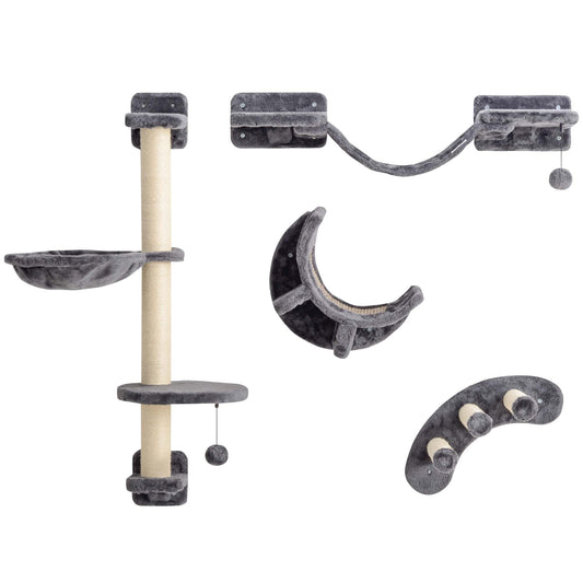 Photo of PawHut Four-Piece Cat Wall Furniture, with Hammock, Ladder, Platforms, Steps, for Indoor Use - Dark Grey in Grey colour on a white background