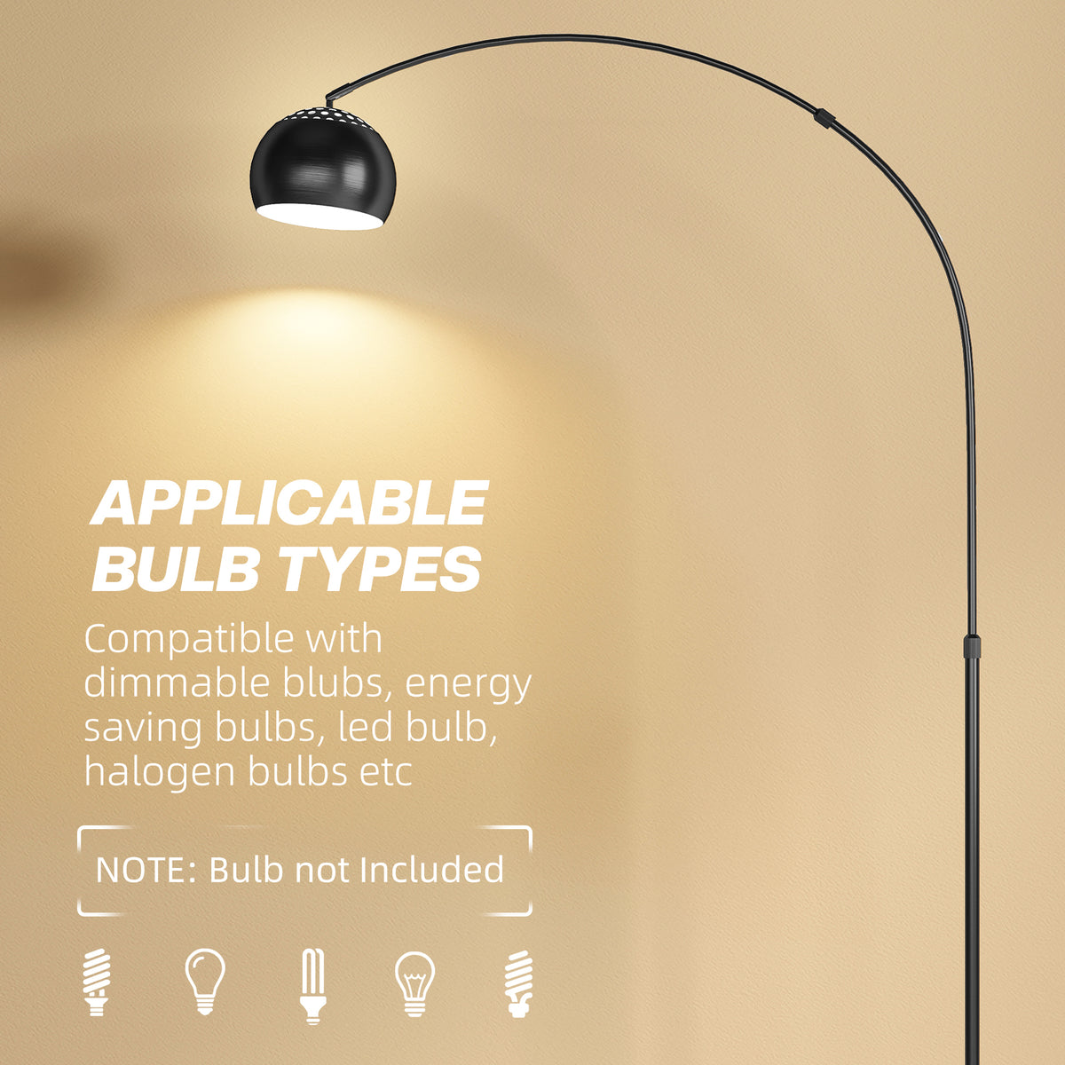 HOMCOM Arc Floor Lamp for Living Room, Modern Adjustable Standing Lamp with Faux Black Marble Base Black