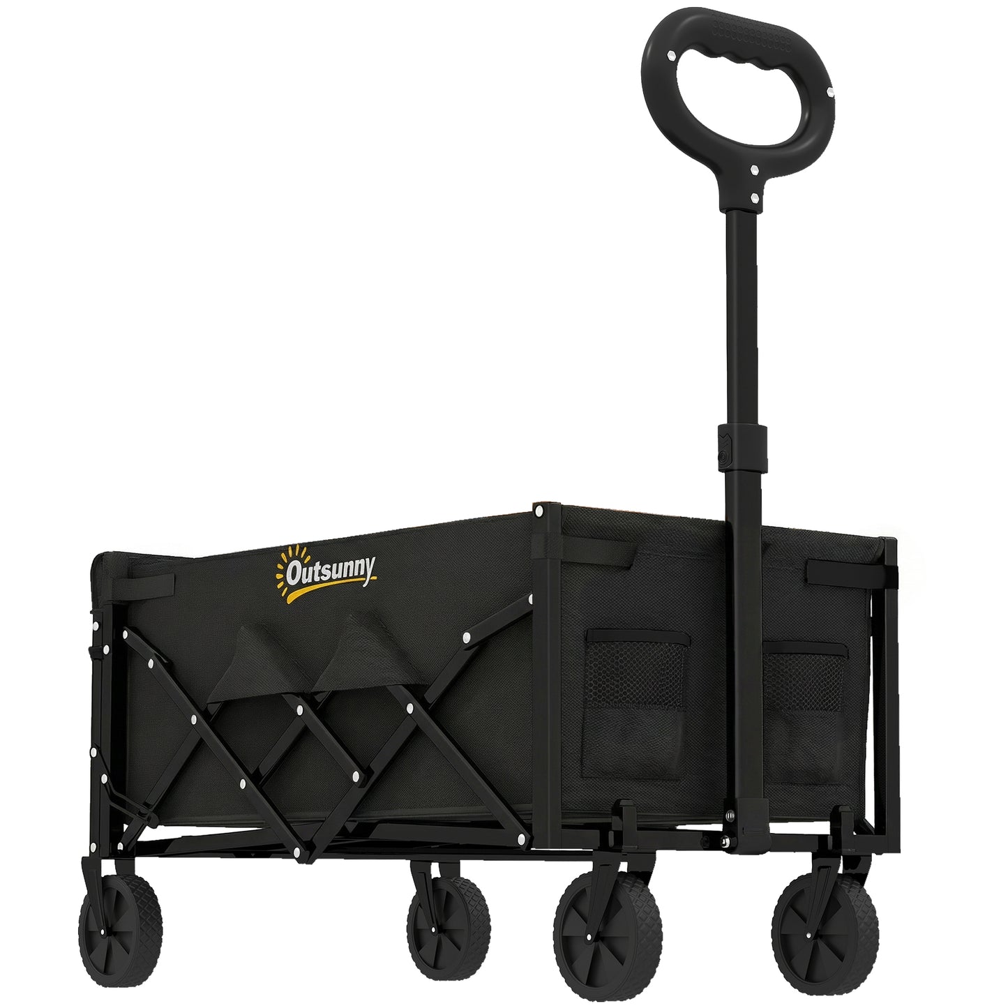 Photo of Outsunny 60L Foldable Festival Trolley on Wheels, Collapsible Wagon Cart with Drop-Down Tailgate, Adjustable Handle, Black in Black colour on a white background