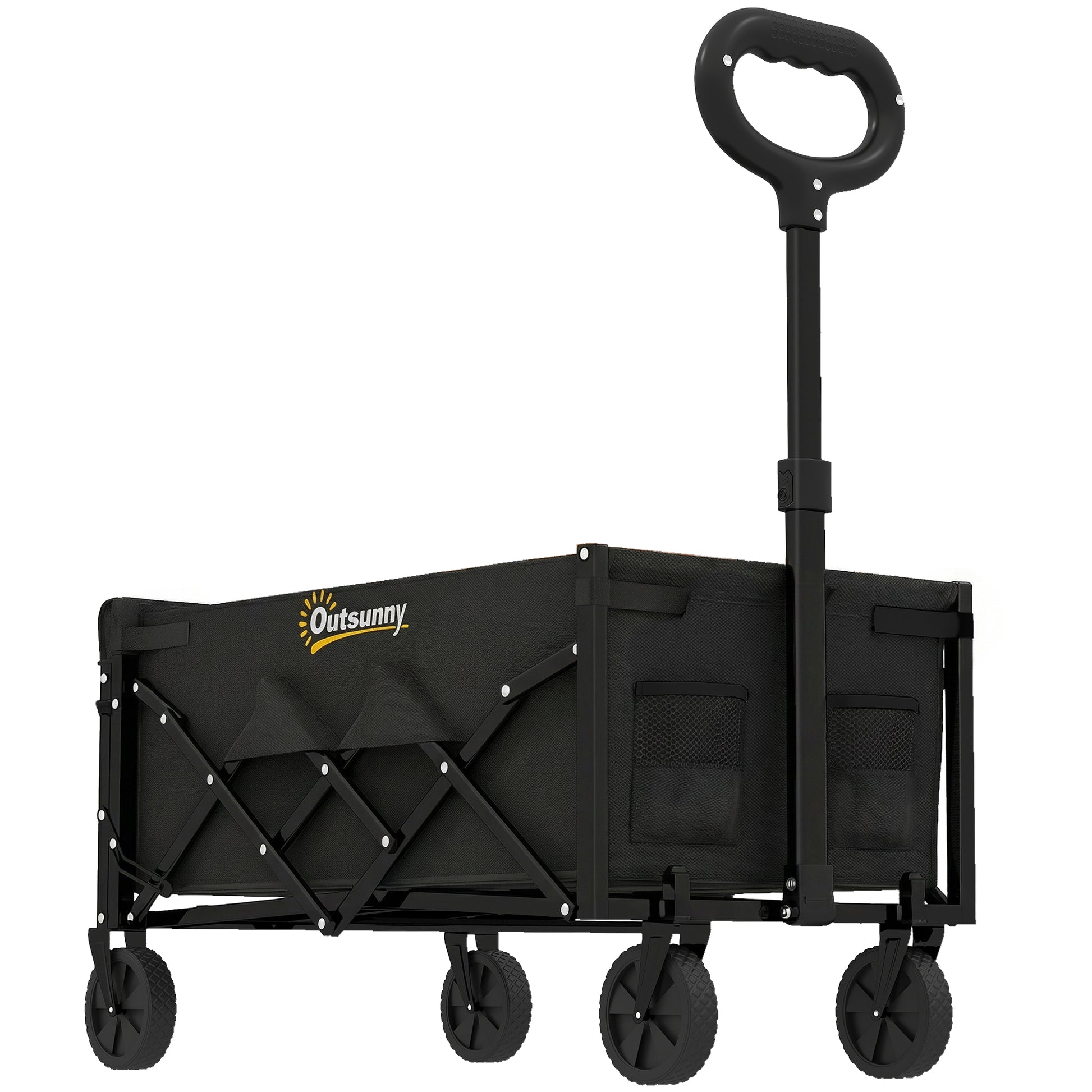 Photo of Outsunny 60L Foldable Festival Trolley on Wheels, Collapsible Wagon Cart with Drop-Down Tailgate, Adjustable Handle, Black in Black colour on a white background