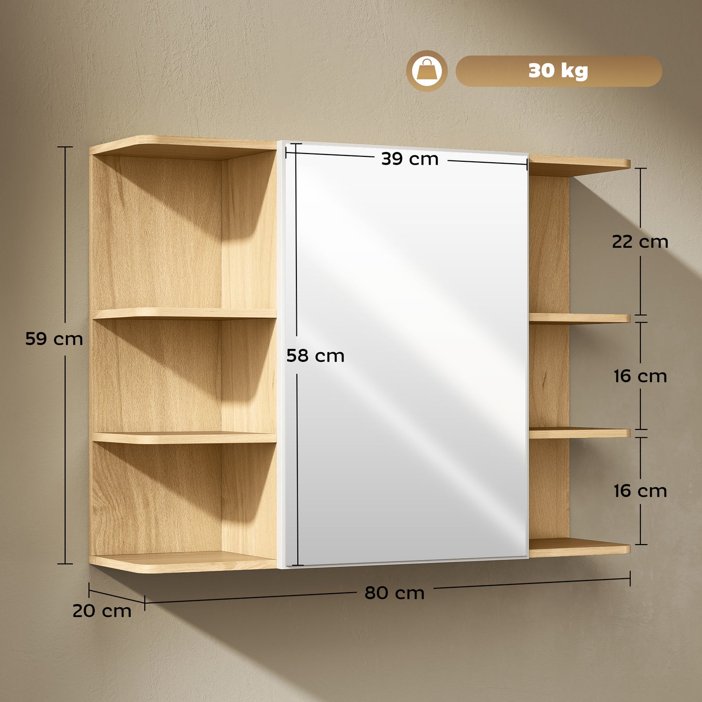 HOMCOM Bathroom Mirror Cabinet with Open Storage Shelves - Natural Wood Finish