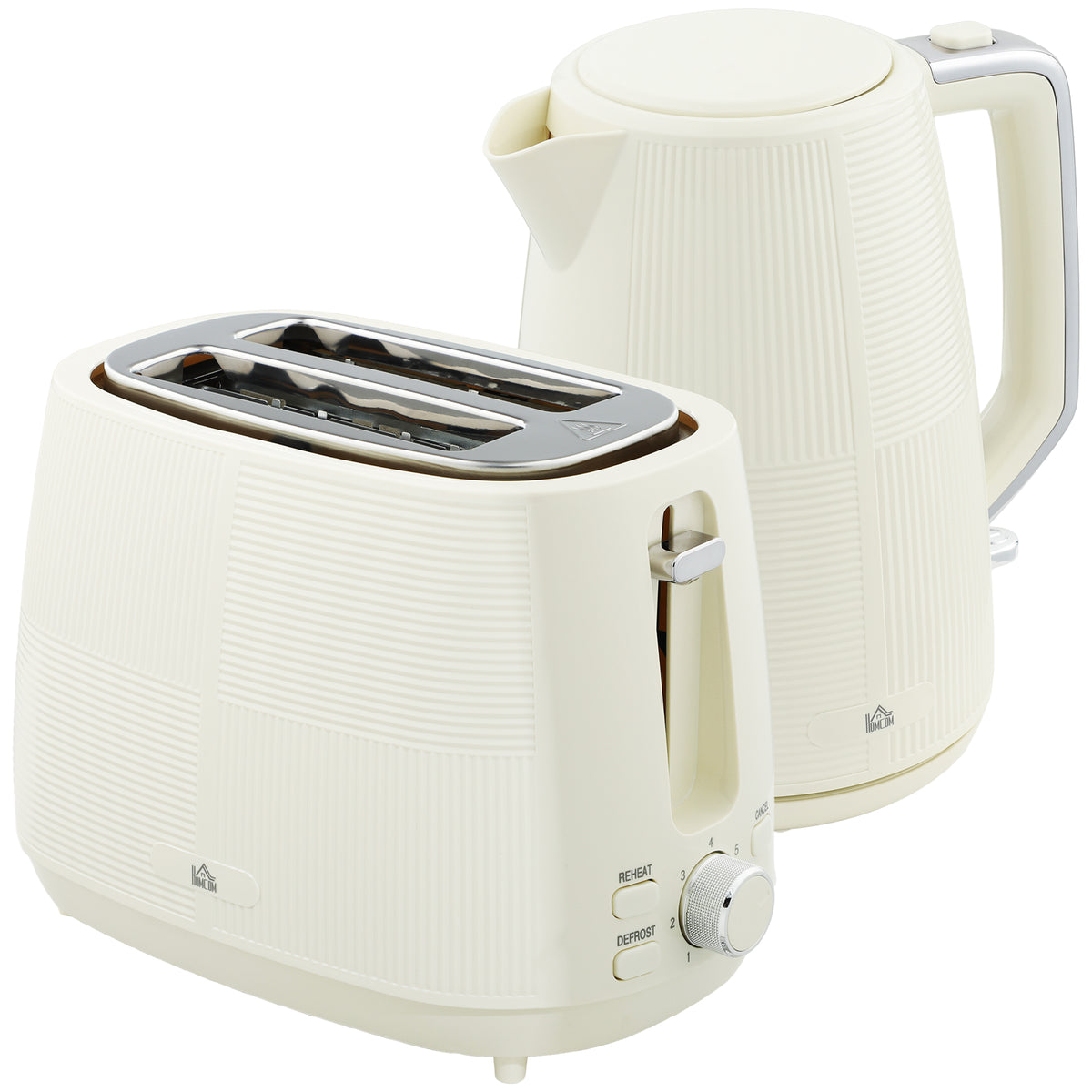 Photo of HOMCOM Kettle and Toaster Set, 1.7L 3000W Fast Boil Kettle & 2 Slice Toaster Kitchen Set with 7 Level Browning Controls, Defrost, Reheat, Boil-dry Protection, Cream White in White colour on a white background
