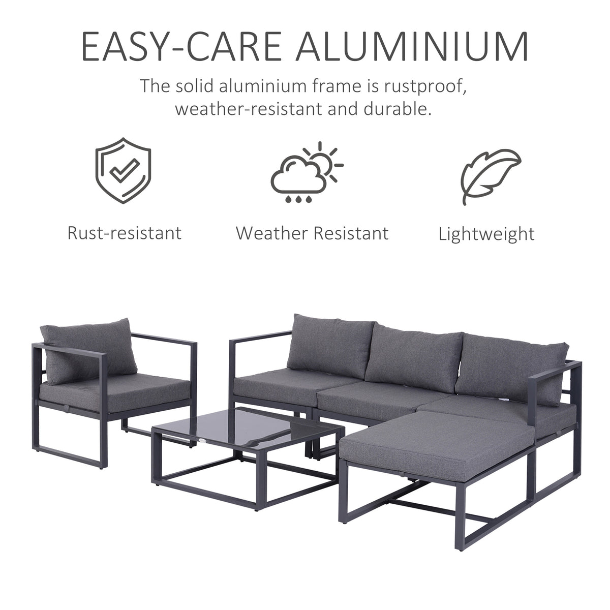 Outsunny six-piece gray sectional sofa set with armchair, three-seat sofa, coffee table and footrest
