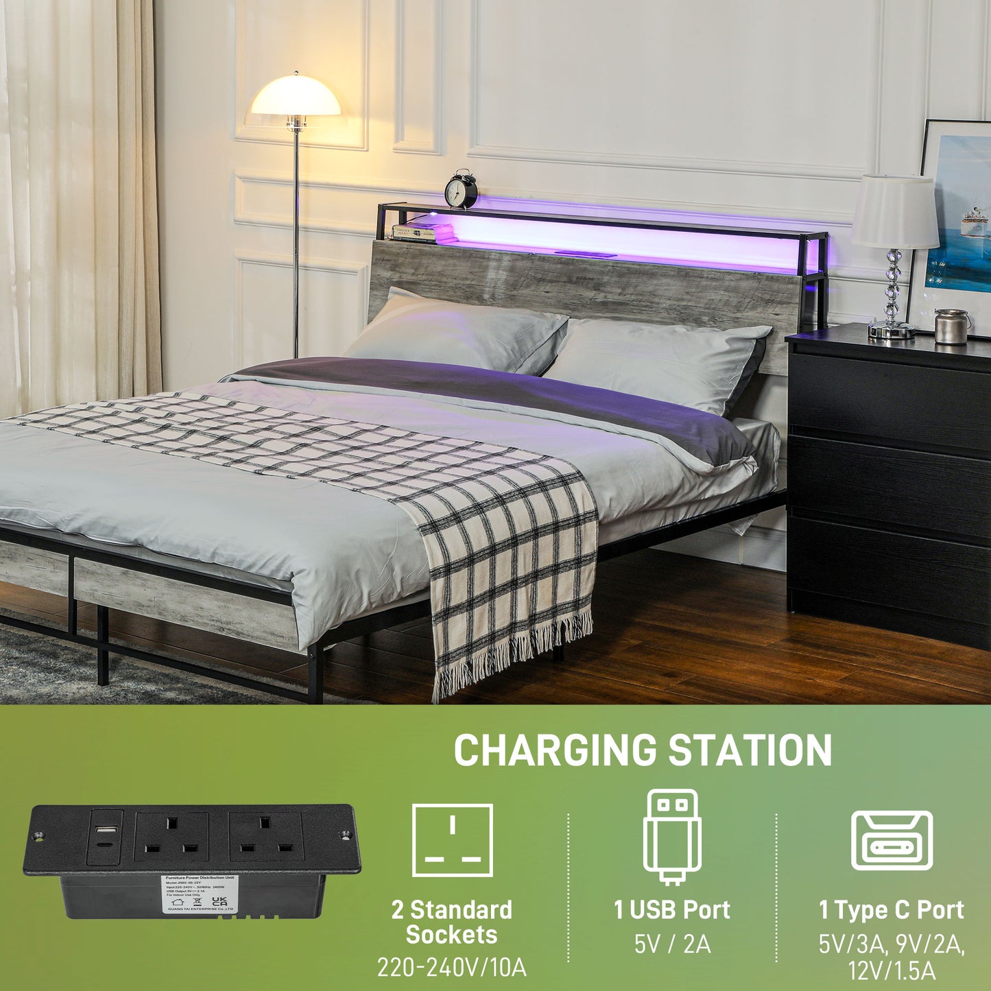 HOMCOM Double Steel Bed Frame, with LED Lights and Shelf - Grey