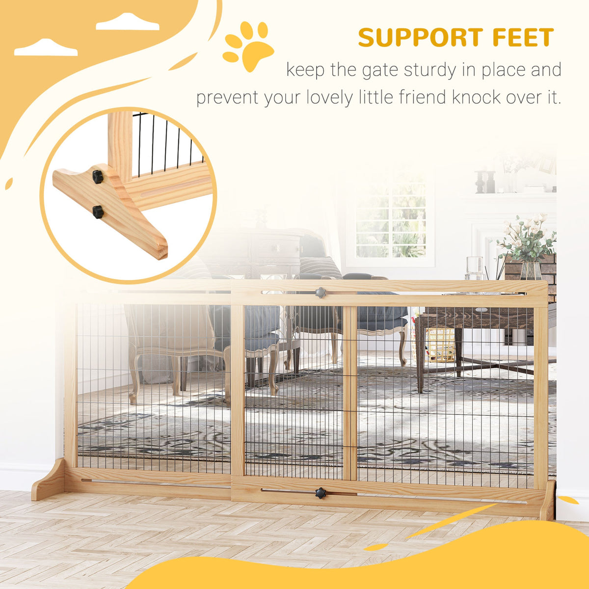 PawHut dog gate shown with stabilizing support feet and a close-up of the foot