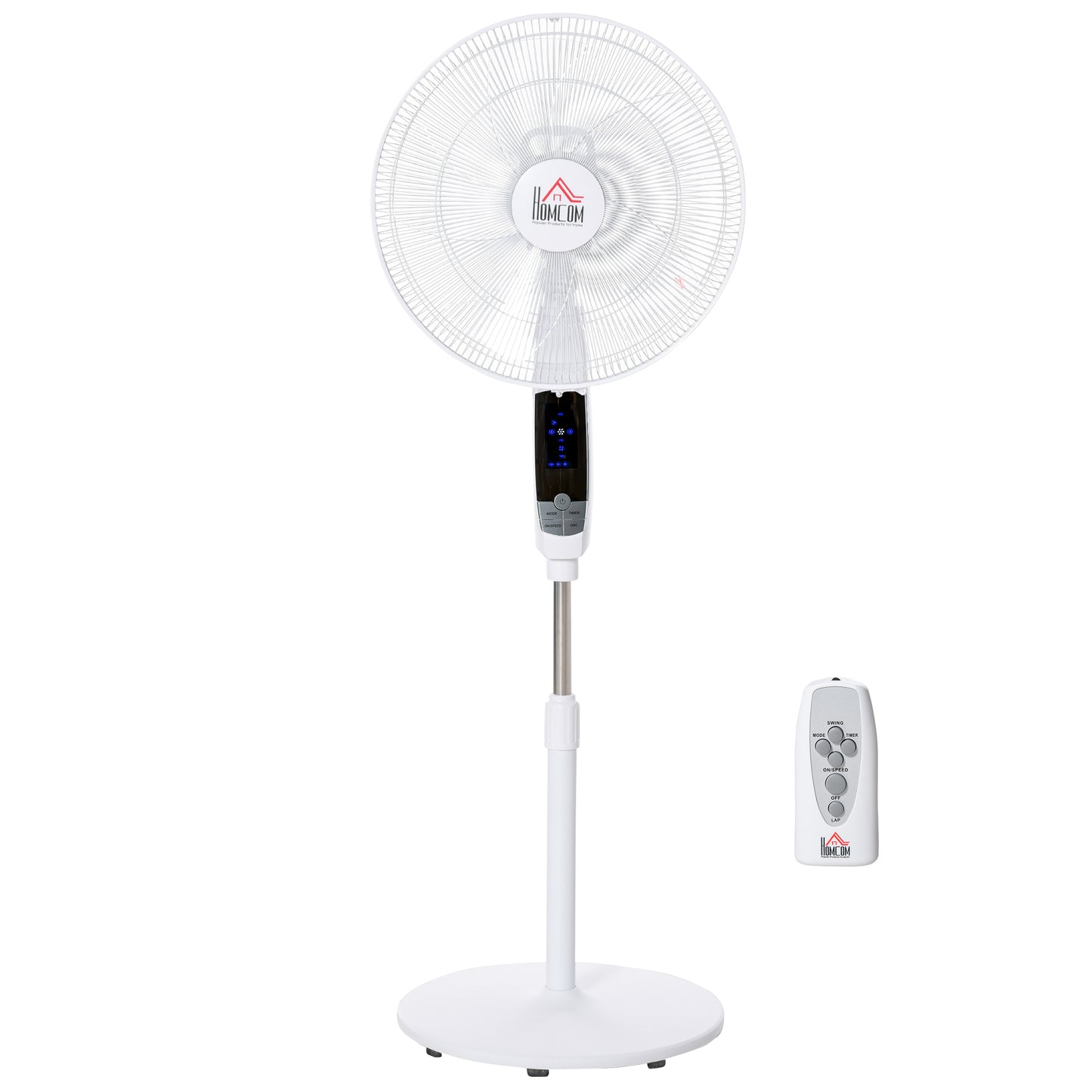 Photo of HOMCOM 16'' Pedestal Stand Fan, 3 Speed 3 Mode, 85° Oscillation, LED Panel, 3M Remote Controller, Height Adjustable for Living Room, Bedroom, Garage, Office, Black and White in White colour on a white background