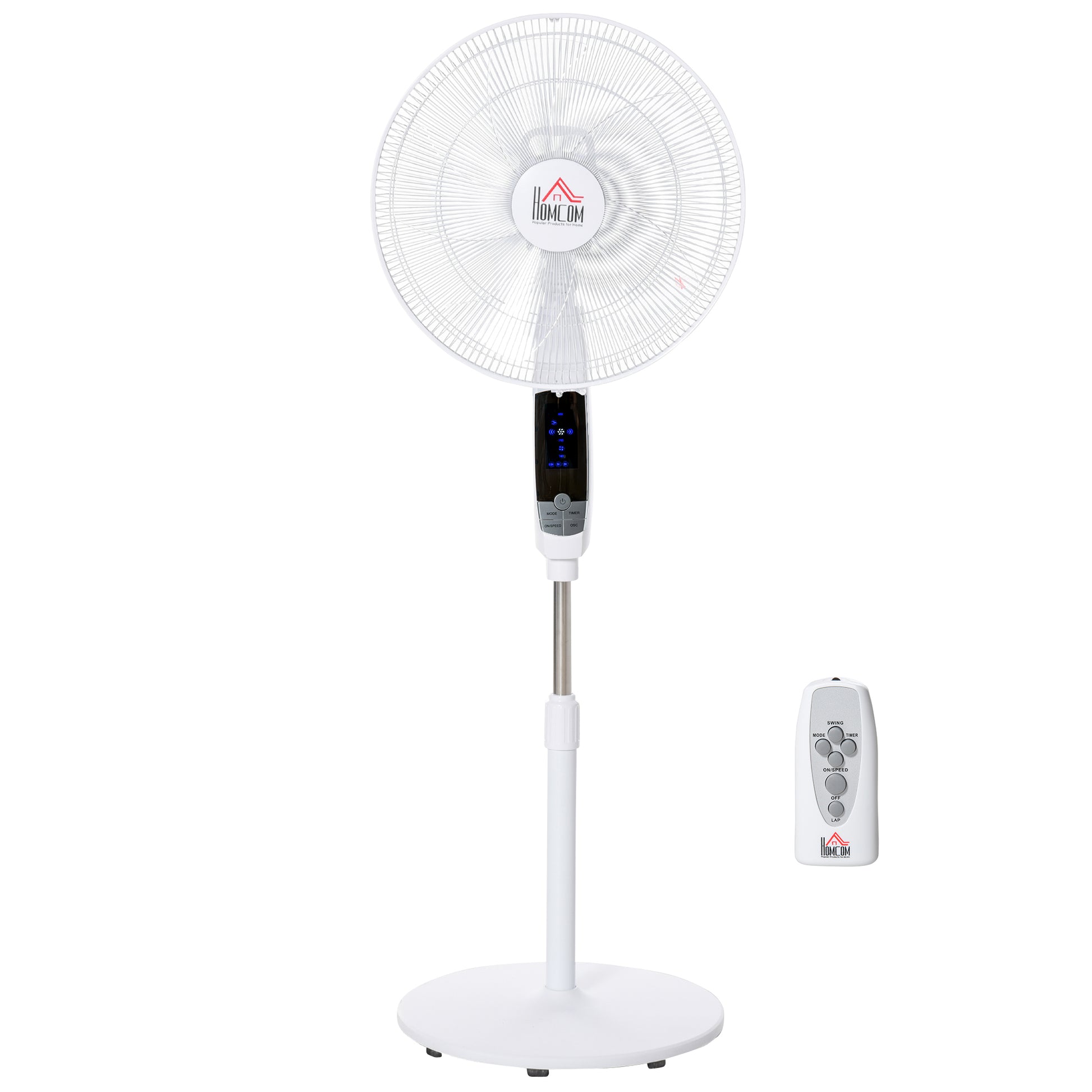 Photo of HOMCOM 16'' Pedestal Stand Fan, 3 Speed 3 Mode, 85° Oscillation, LED Panel, 3M Remote Controller, Height Adjustable for Living Room, Bedroom, Garage, Office, Black and White in White colour on a white background