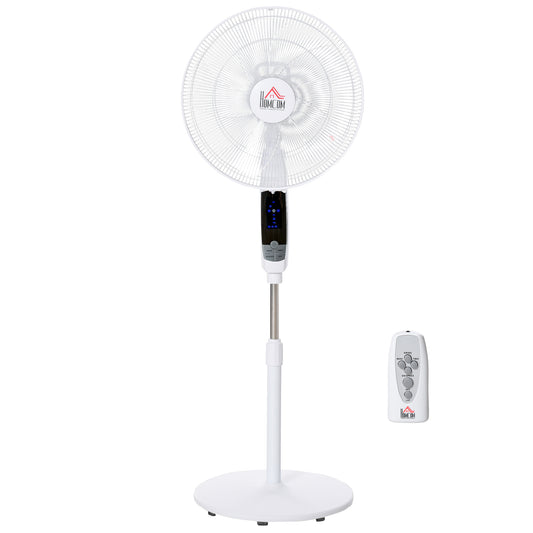 Photo of HOMCOM 16'' Pedestal Stand Fan, 3 Speed 3 Mode, 85° Oscillation, LED Panel, 3M Remote Controller, Height Adjustable for Living Room, Bedroom, Garage, Office, Black and White in White colour on a white background