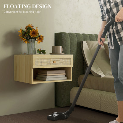 Floating wood-effect bedside table with rattan drawer and open shelf