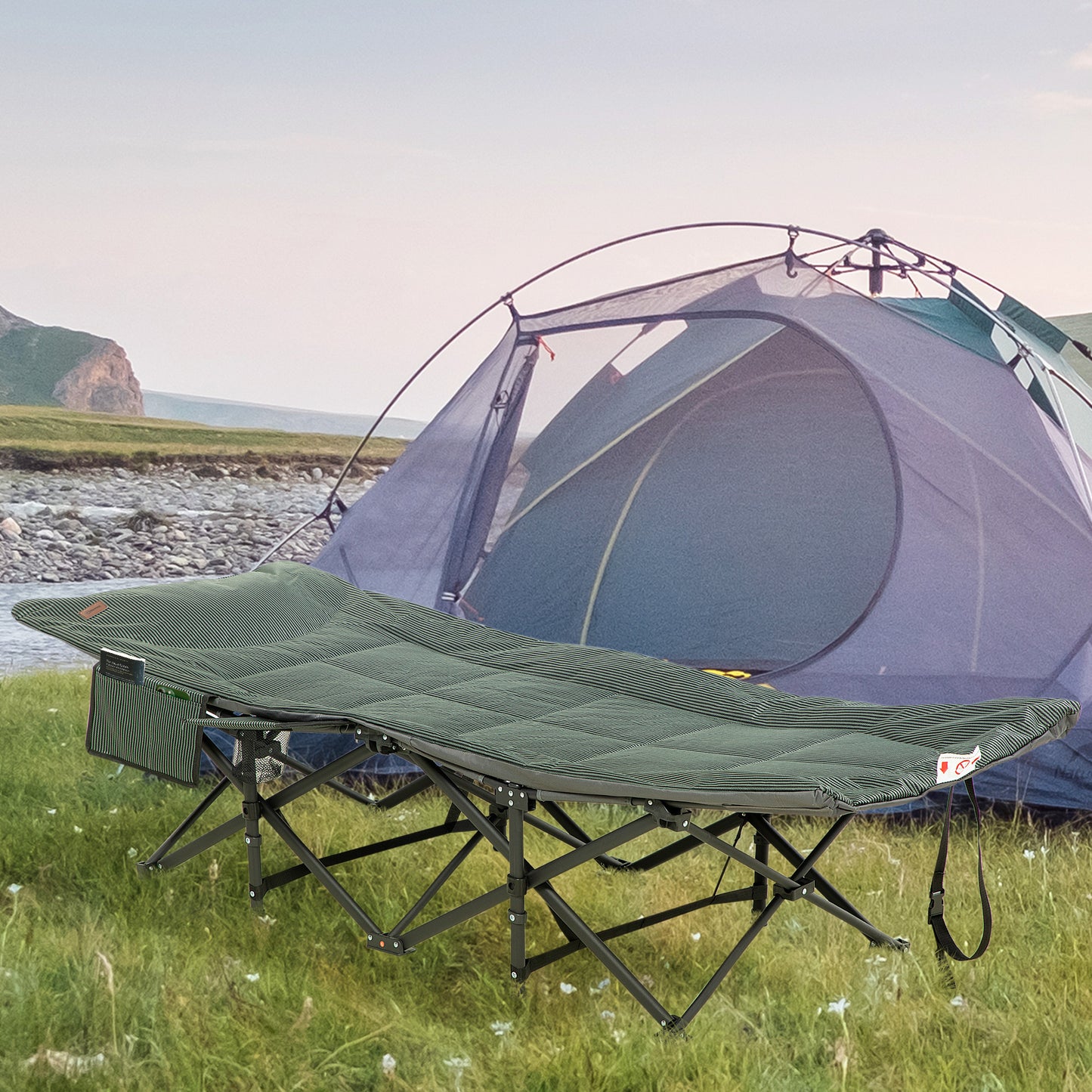 Outsunny Foldable Camp Bed, Padded Patio Camping Bed with Carry Bag, Magazine Bag and Cup Holder for Outdoor, Garden, Grey