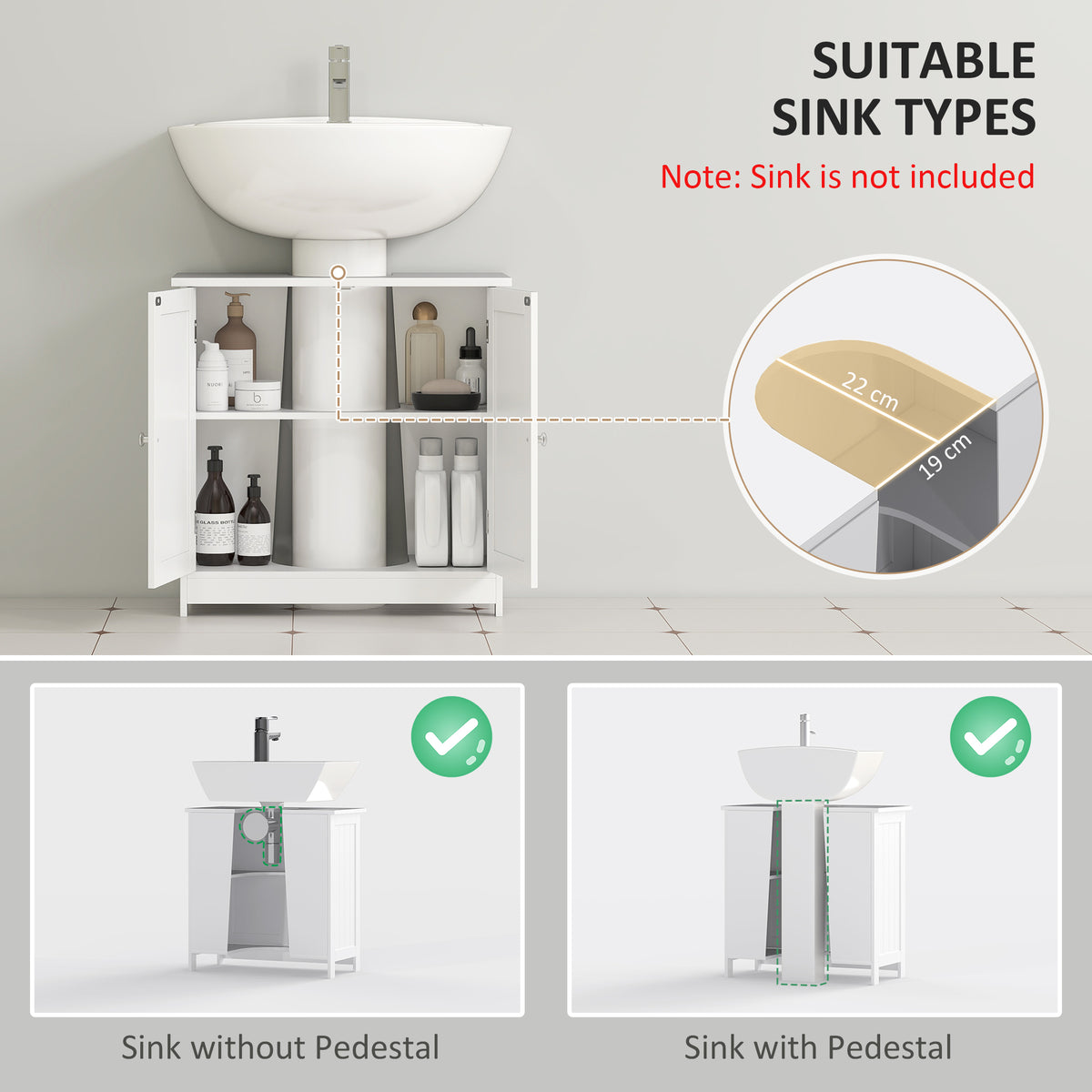 Two-tier white under-sink cabinet shown with vessel sinks and storage inside