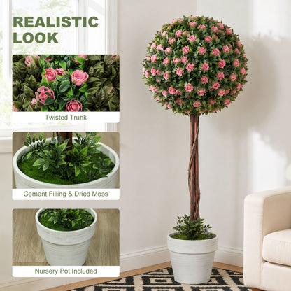 Artificial rose topiary tree with twisted trunk and moss in a white pot