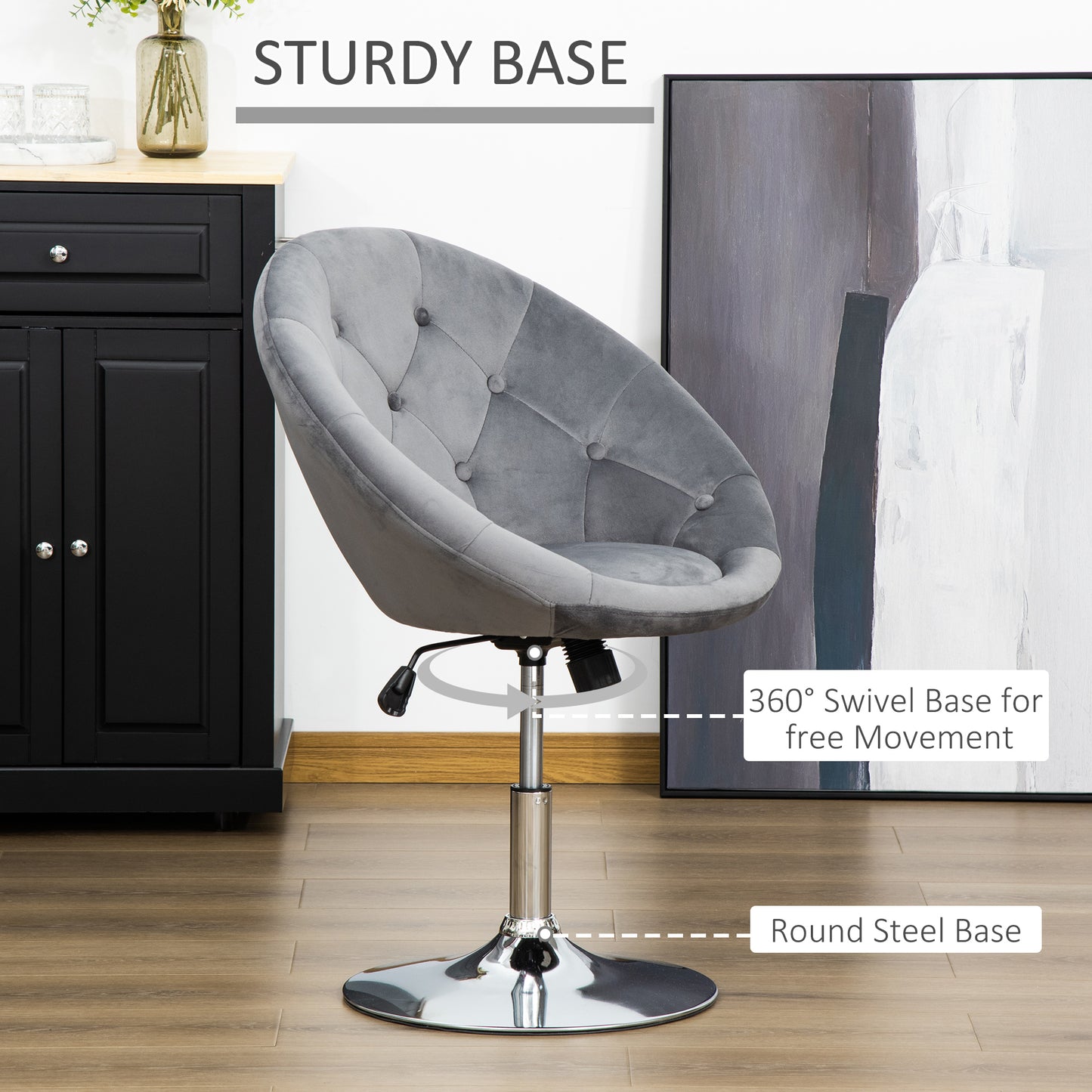 HOMCOM Swivel Dressing Stool, Velvet-feel Upholstered Vanity Chair, Adjustable Height Tub Makeup Chair with Button Tufting and Thick Padding for Bedroom, Grey