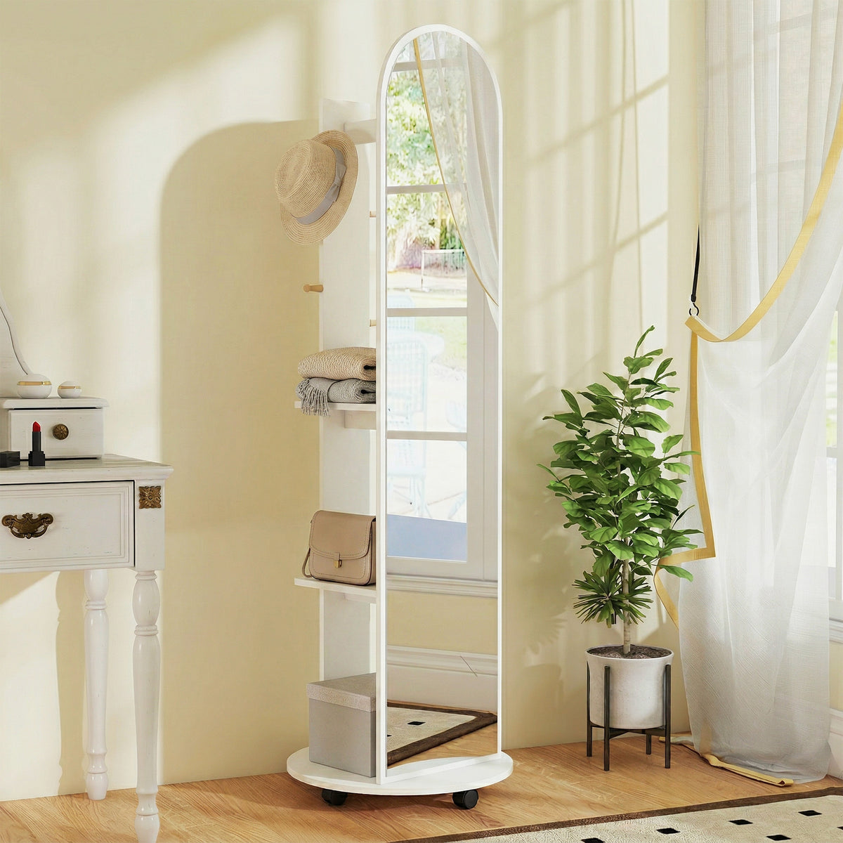 HOMCOM 2-in-1 Full Length Mirror with Storage Shelves, Floor Mirror with 4 Wheels, Coat Rack, Hooks, White