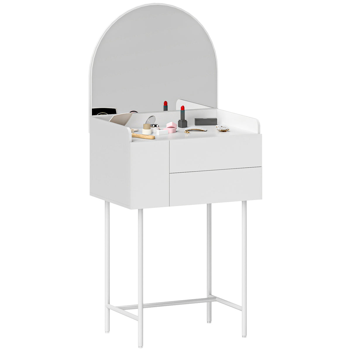 White compact dressing table with arched mirror, three drawers and slim metal legs