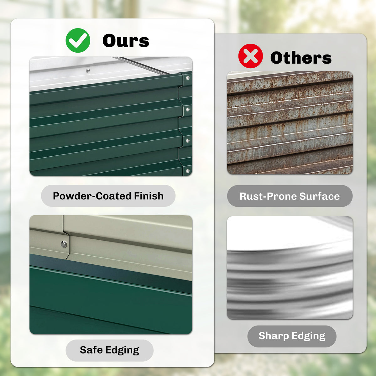 Green raised planter panels with powder-coated finish and smooth edges