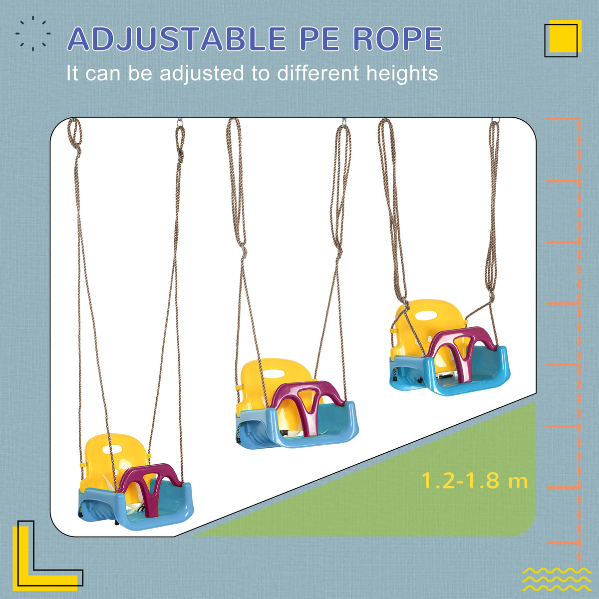 Outsunny kids swing with adjustable ropes shown at three hanging heights