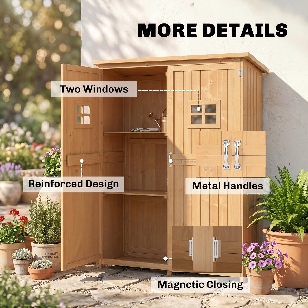 Wooden garden shed with open doors, two windows, metal handles and magnetic closure