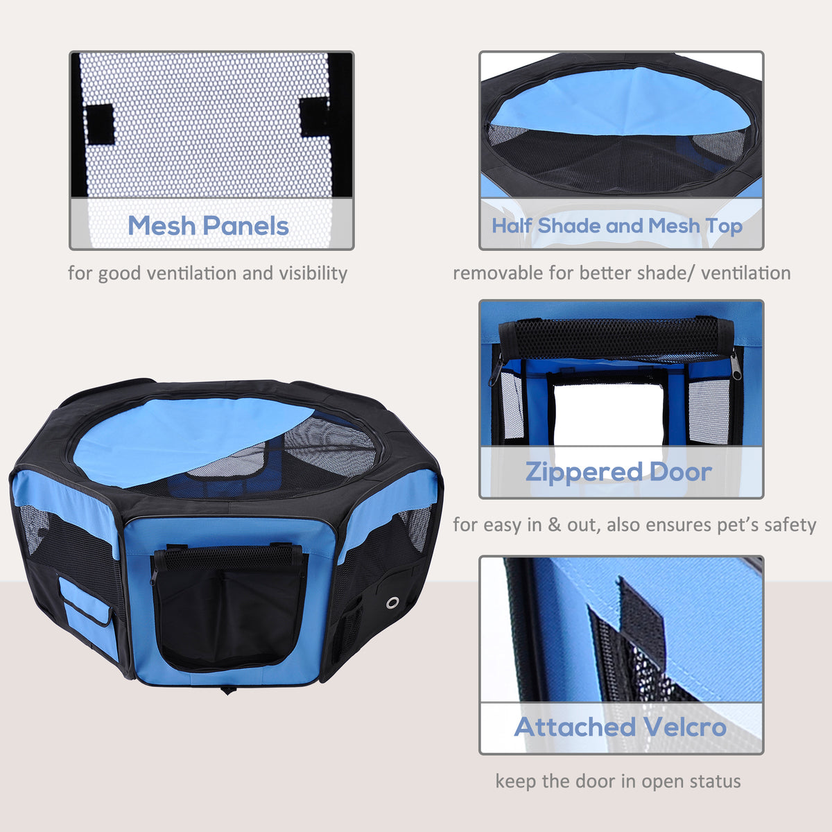 PawHut 600D Oxford Soft Fabric Kennel, Portable Lightweight Cat Dog Playpen, Foldable Pet Puppy Rabbit Guinea Pig Pen Run Dia 90 x 41H cm Indoor & Outdoor Blue