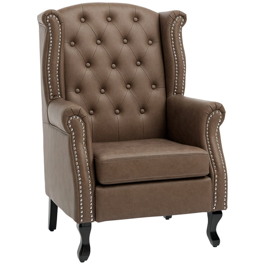 Brown faux leather wingback chair with button tufting, rolled arms, nailhead trim, and dark legs