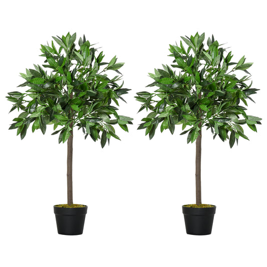 Photo of Outsunny Artificial Bay Laurel Topiary Trees w/ Pot Fake, Set Of 2 90cm/3FT Indoor Greenery Plant Home Office Garden Decor Green in Green colour on a white background