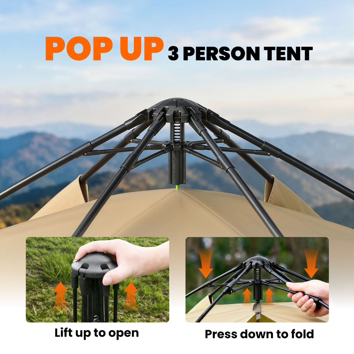 Outsunny 3 Man Instant Pop Up Tent with Rainfly, Portable Camping Shelter with Sewn-in Groundsheet, Carry Bag, Khaki