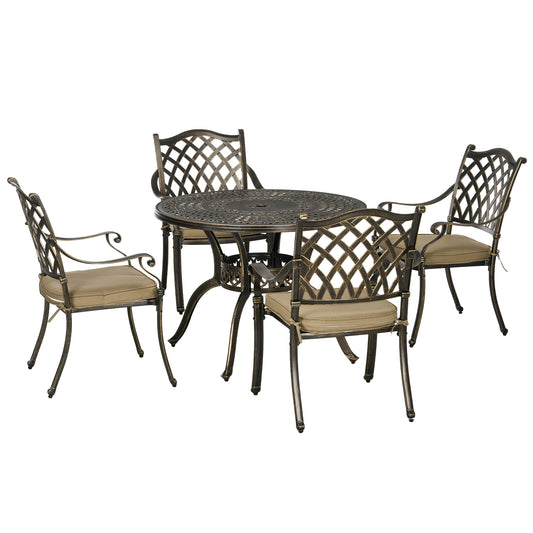 Photo of Outsunny 4 Seater Outdoor Dining Set Antique Cast Aluminium Garden Furniture Set with Cushions Round Dining Table with Parasol Hole, Bronze in Bronze colour on a white background