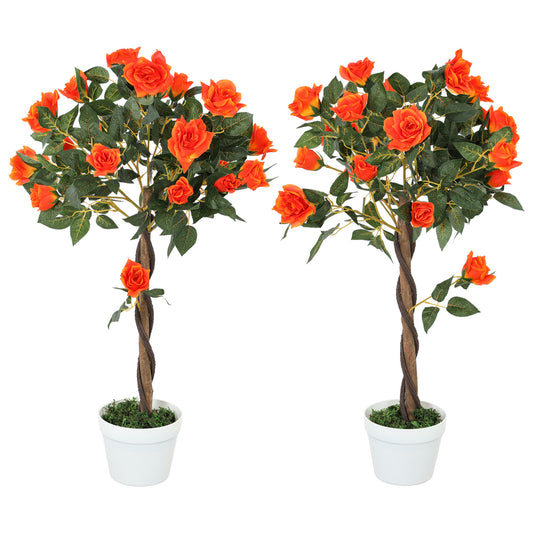 Photo of Outsunny Set of 2 Artificial Plants White Rose Floral in Pot, Fake Plants for Home Indoor Decor, 90cm, Orange in Orange colour on a white background