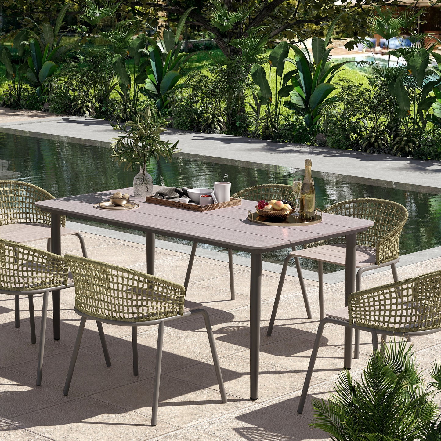 Outsunny Garden Table, Outdoor Dining Table for 6 People, 160 x 90 x 74 cm, with Rust Resistant Metal Frame, WPC Top, for Balcony, Terrace, Light Grey