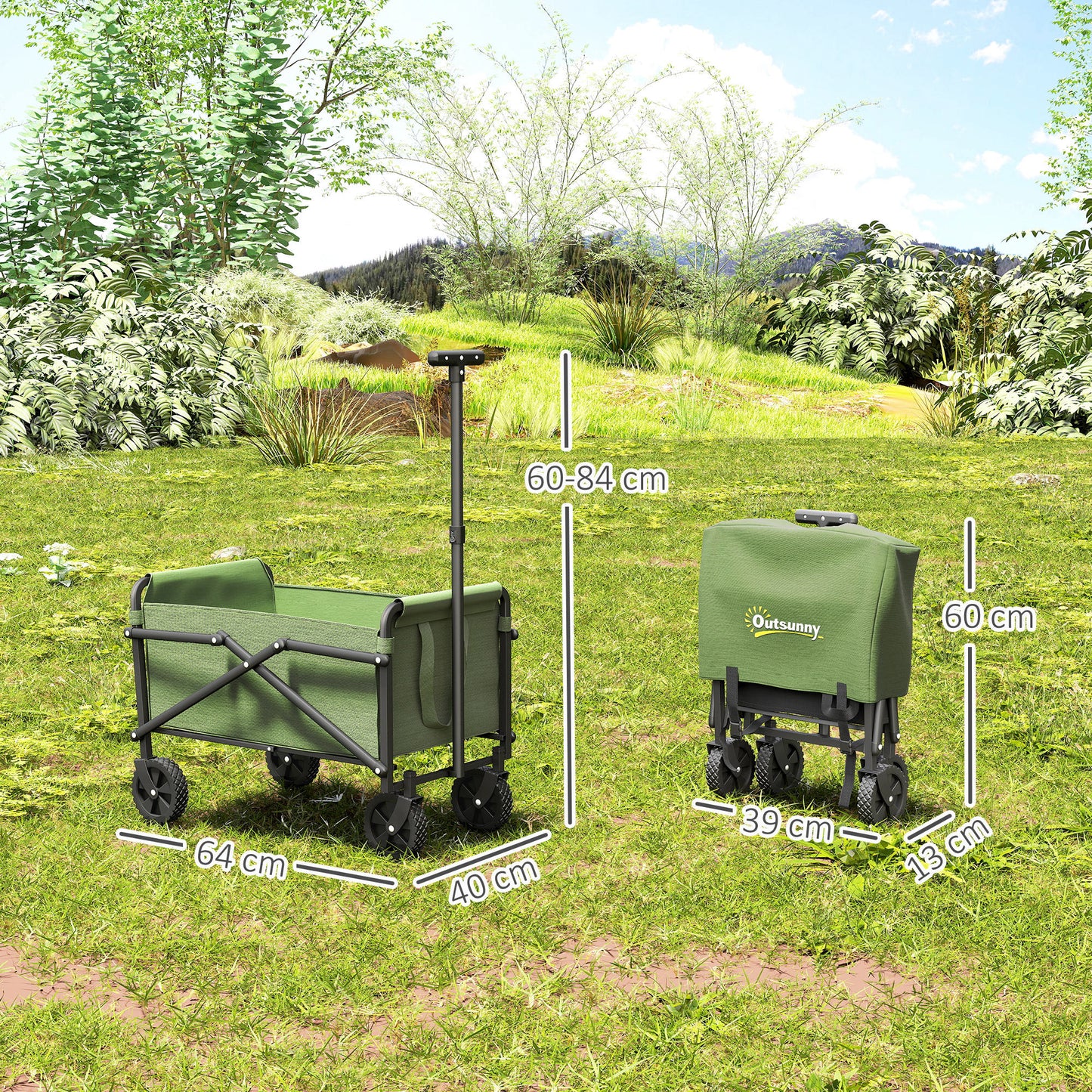 Outsunny 62L Festival Trolley on Wheels, Portable Small Folding Trolley Cart, 60kg Heavy Duty Collapsible Foldable Wagon with Adjustable Handle and Carrying Bag for Beach, Camping, Garden, Green
