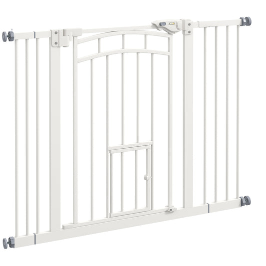Photo of PawHut Pressure Fit Stair Dog Gate w/ Small Cat Door, Automatic Closing Door, Double Locking, for 74-100cm Openings - White in White colour on a white background