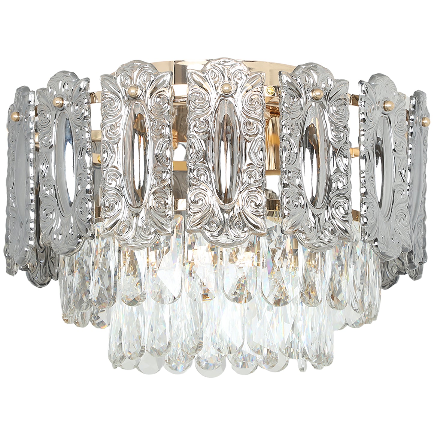 Photo of HOMCOM Chandelier Ceiling Light, 3-Light Flush Mount Fixture with Dual Crystal and Smoke Glass Shade, 40 cm LED Ceiling Light for Living Room Bedroom, 3 E14 Sockets, Bulbs Not Included, Gold Tone in Tone colour on a white background