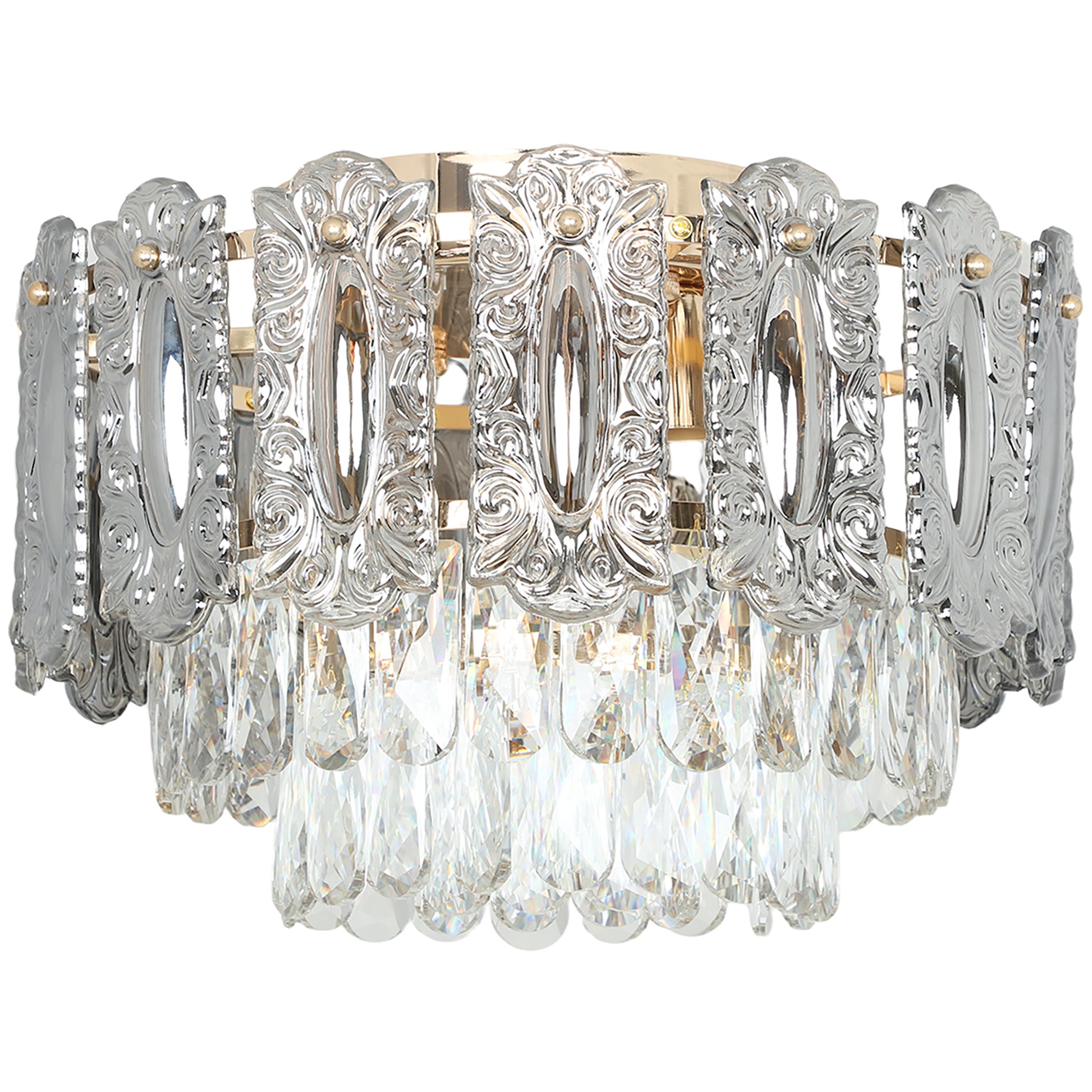 Photo of HOMCOM Chandelier Ceiling Light, 3-Light Flush Mount Fixture with Dual Crystal and Smoke Glass Shade, 40 cm LED Ceiling Light for Living Room Bedroom, 3 E14 Sockets, Bulbs Not Included, Gold Tone in Tone colour on a white background