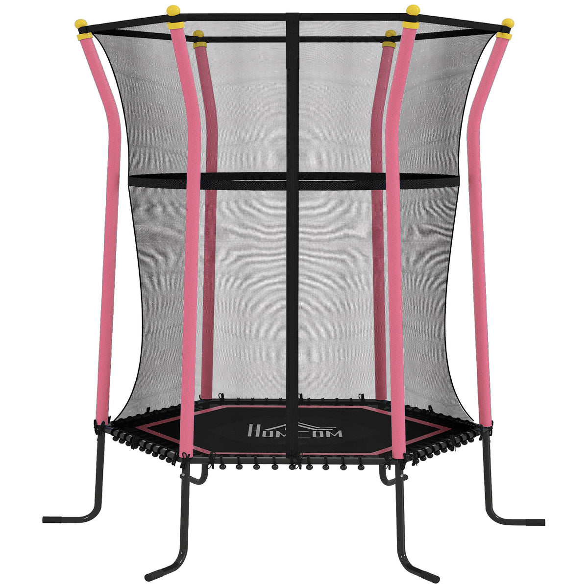 Pink kids mini trampoline with black safety net, padded support poles and steel legs