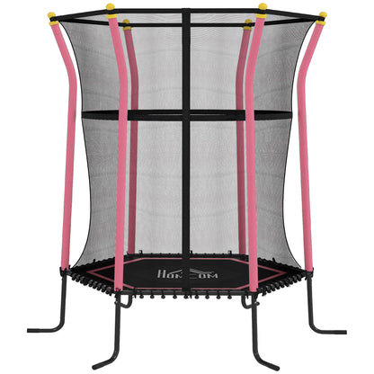 Pink kids mini trampoline with black safety net, padded support poles and steel legs