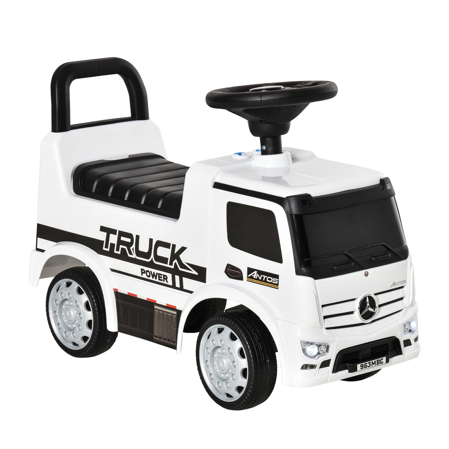 Photo of HOMCOM Compatible Kids Ride On Car Truck Mercedes Benz Licensed Toddler Foot To Floor Slider w/Under Seat Storage for 12 - 36 Months White in White colour on a white background