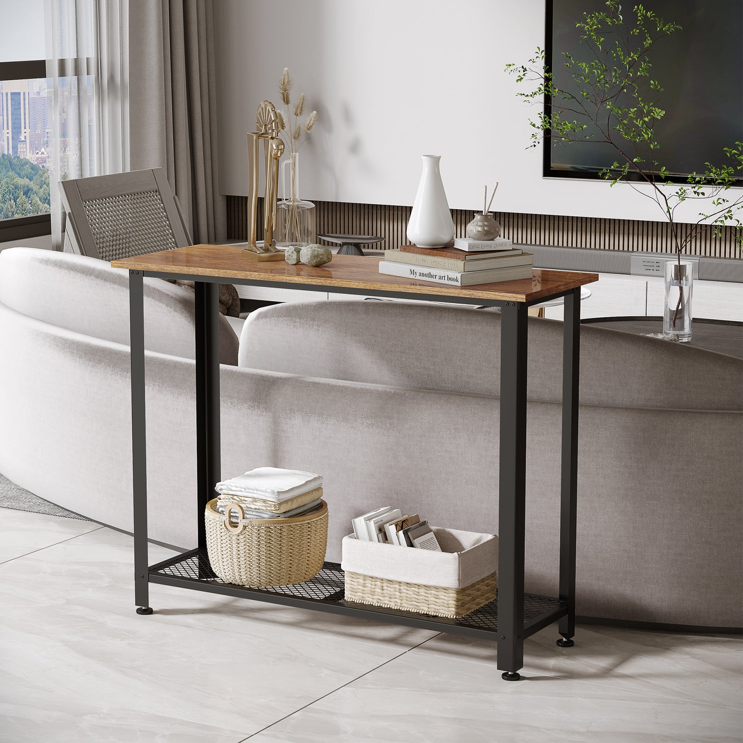 HOMCOM Industrial Console Table，Entryway Table w/Bottom Mesh Shelf Metal Frame Vintage Sofa Table for Hallway, Living Room, Rustic Brown