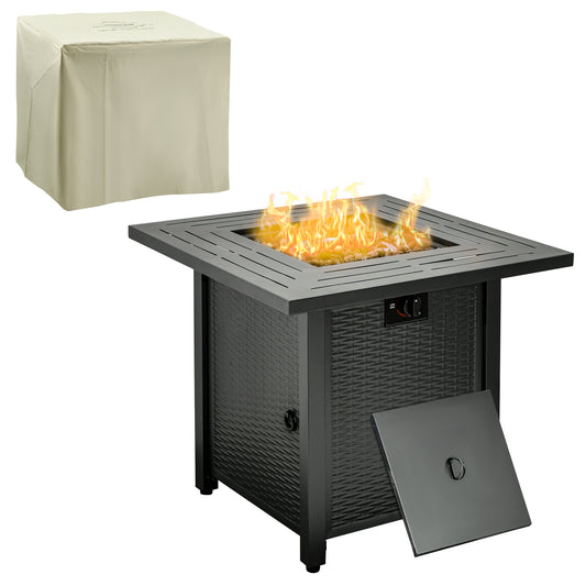 Photo of Outsunny Square Propane Gas Fire Pit Table, 40000 BTU Rattan Smokeless Firepit Patio Heater with Protective Cover, Glass beads and Lid, 71cm x 71cm x 63cm, Black in Black colour on a white background