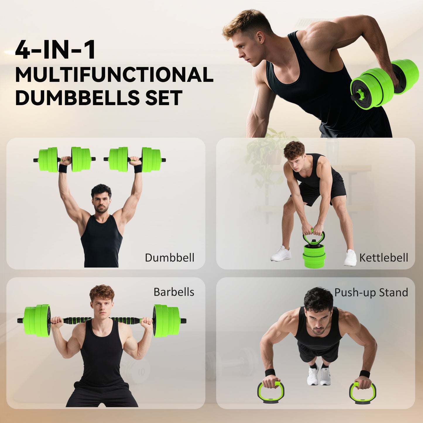 SPORTNOW 30kg 6-In-One Adjustable Weight Dumbbells Set, Barbell, Kettlebell, Push Up Stand - Green