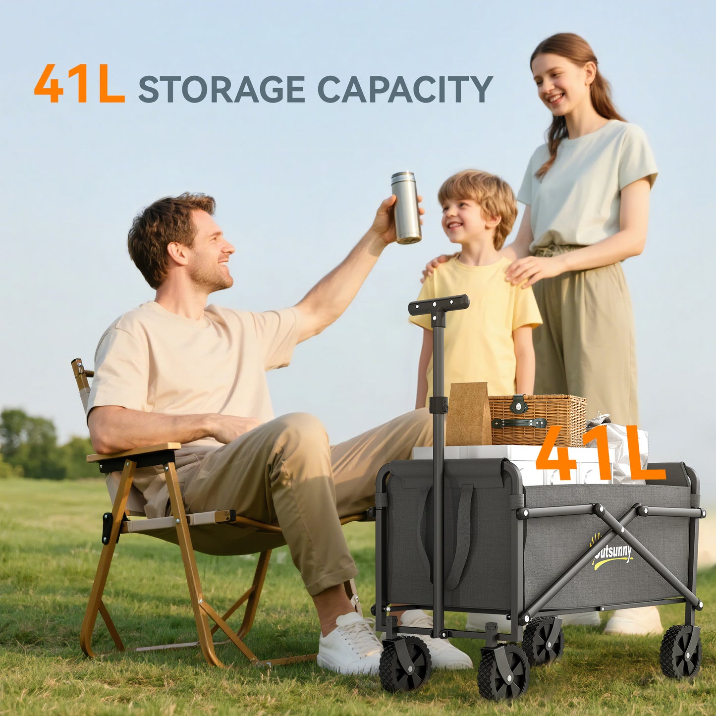 Outsunny 62L Festival Trolley on Wheels, Portable Small Folding Trolley Cart, 60kg Heavy Duty Collapsible Foldable Wagon with Adjustable Handle and Carrying Bag for Beach, Camping, Garden, Grey