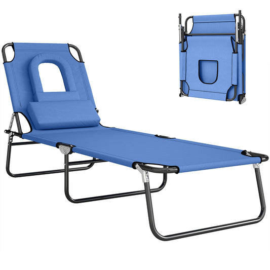 Photo of Outsunny Folding Sun Lounger with Face Hole, 4-Position Adjustable Backrest Garden Recliner Chair Sunbed, Outdoor Lounge Chair with 600 D Oxford Cloth Seat, Pillow for Beach, Blue in Blue colour on a white background